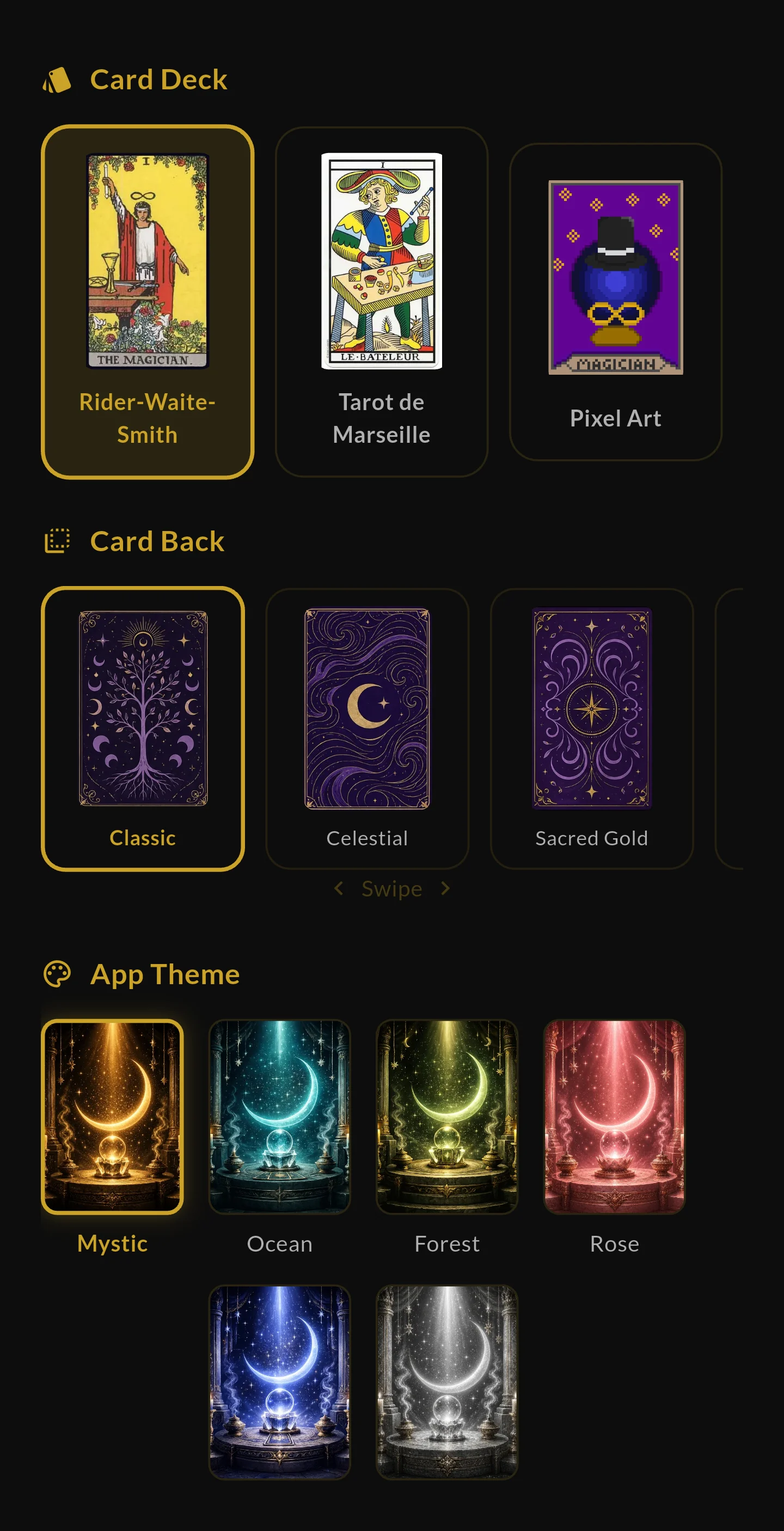 Deck, card back, and app theme customization in Tattva Tarot