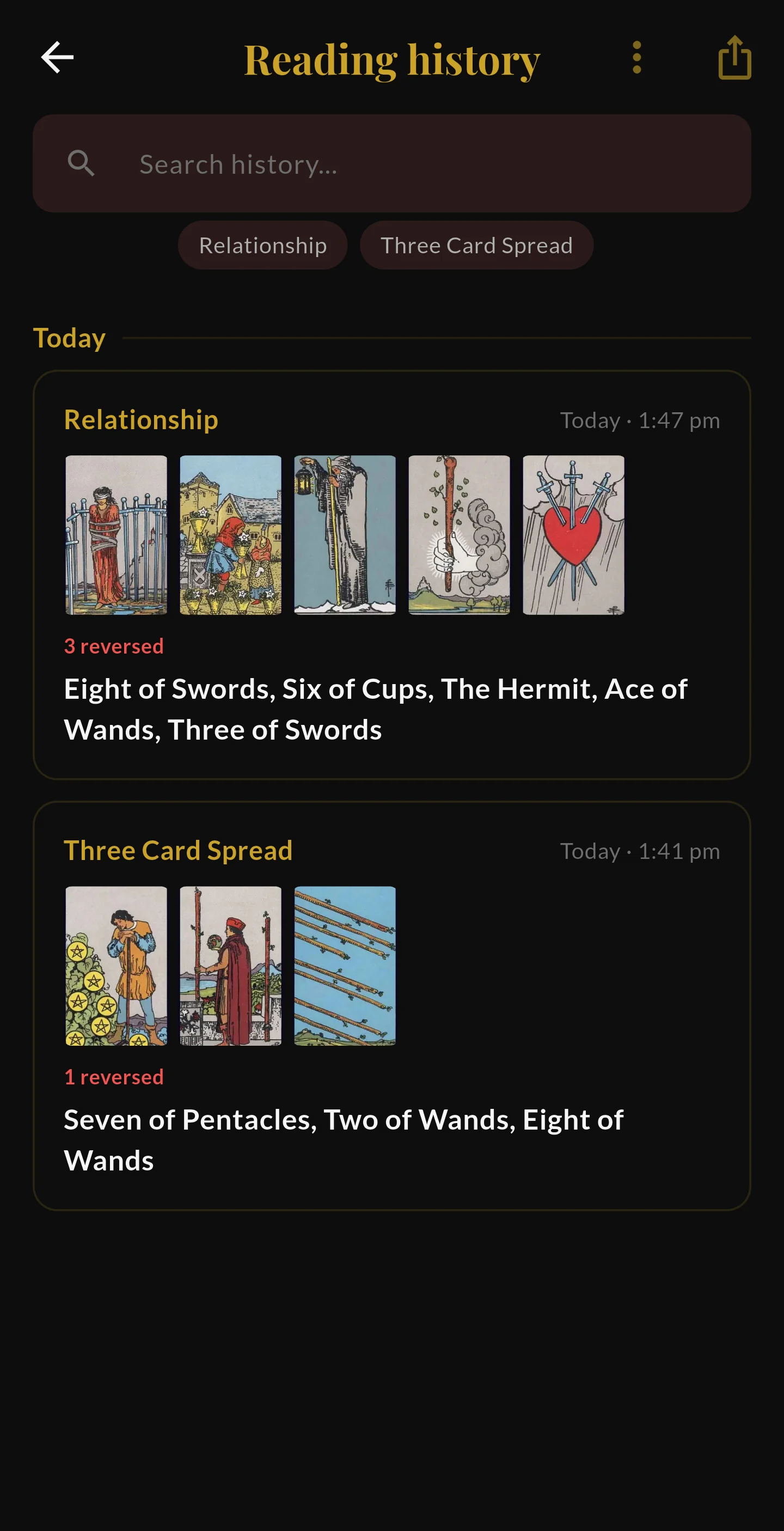 Reading history stored locally in Tattva Tarot