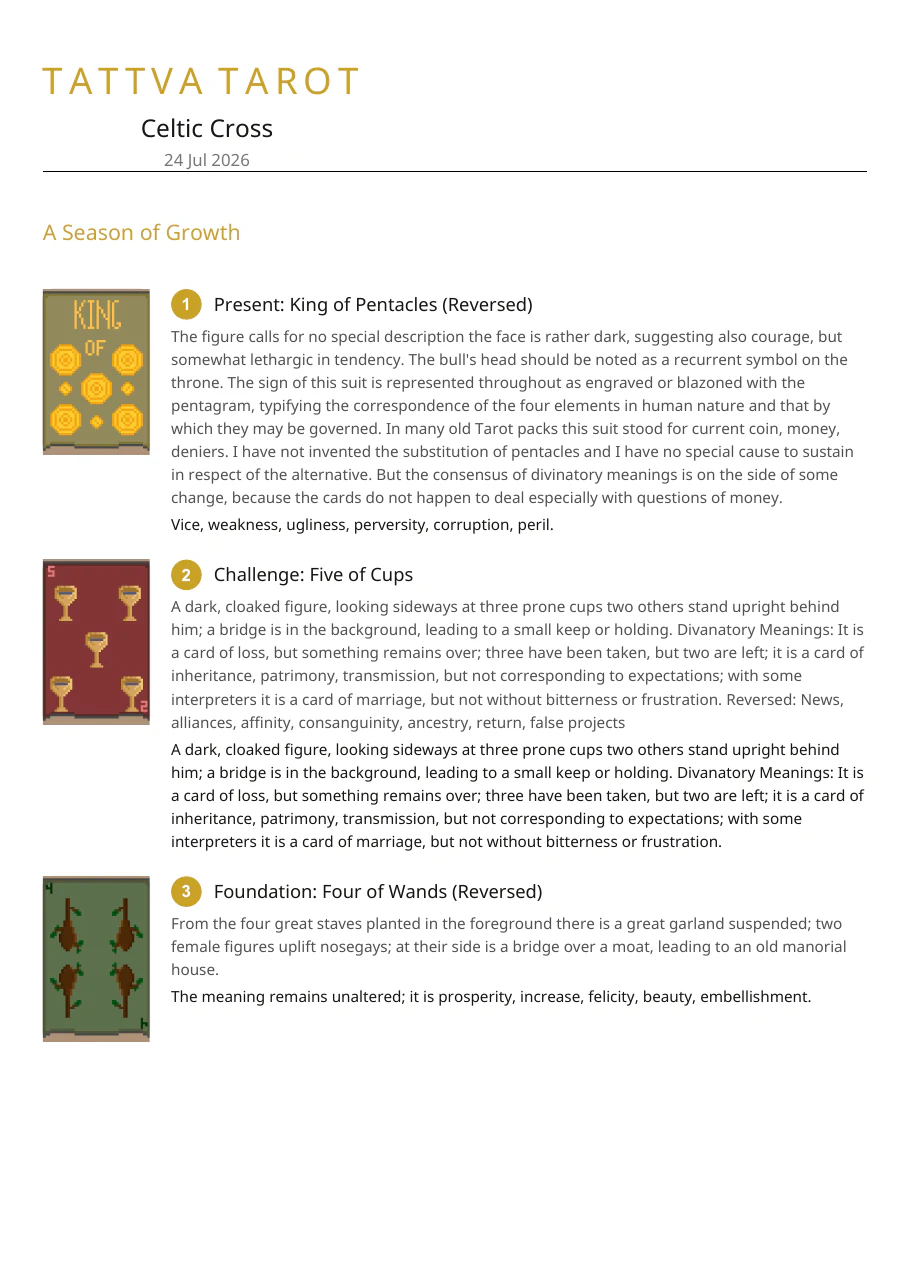 First page of a Tattva Tarot Celtic Cross PDF export